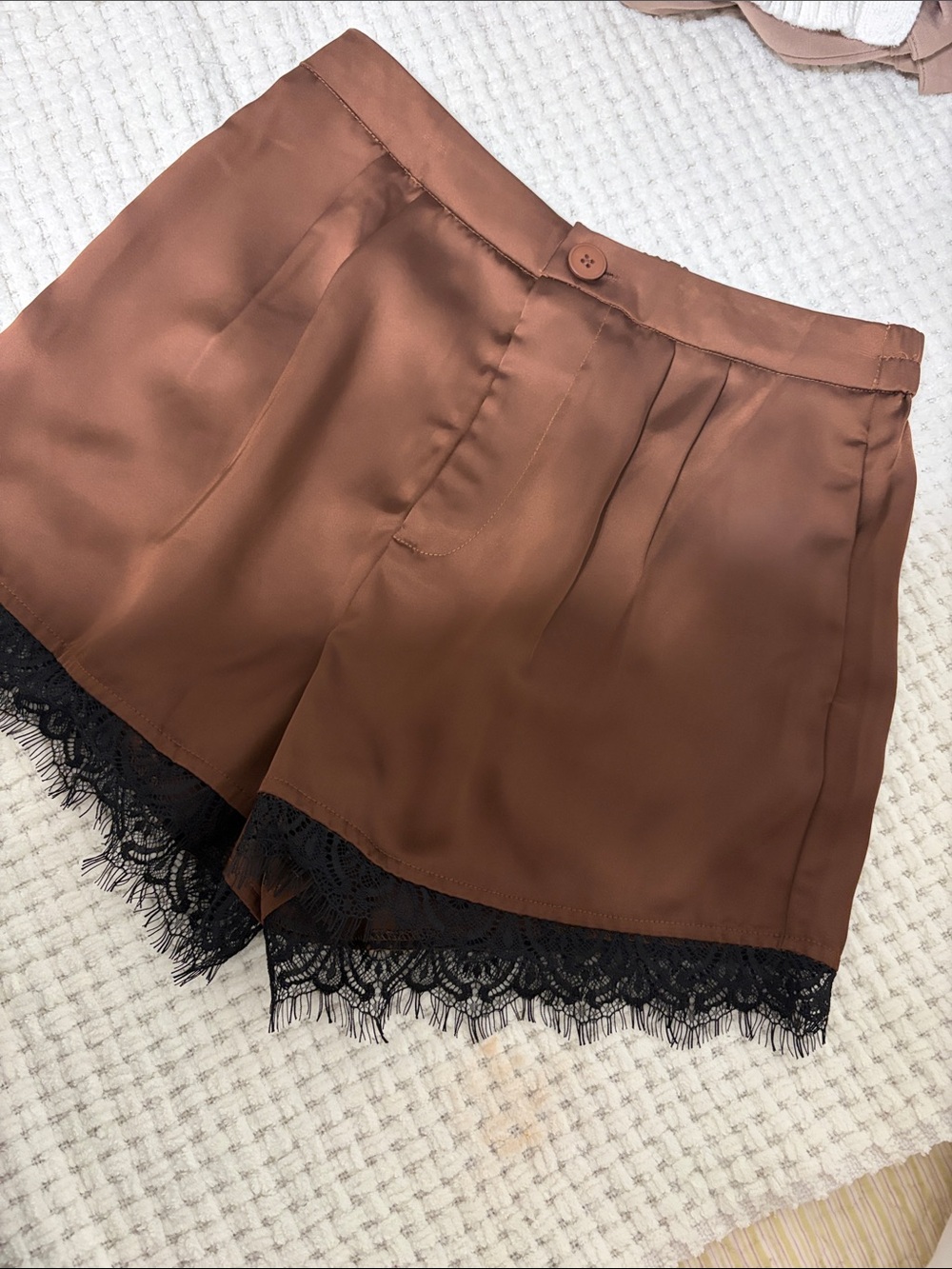 High-Waist Brown Satin Shorts with Black Lace Trim